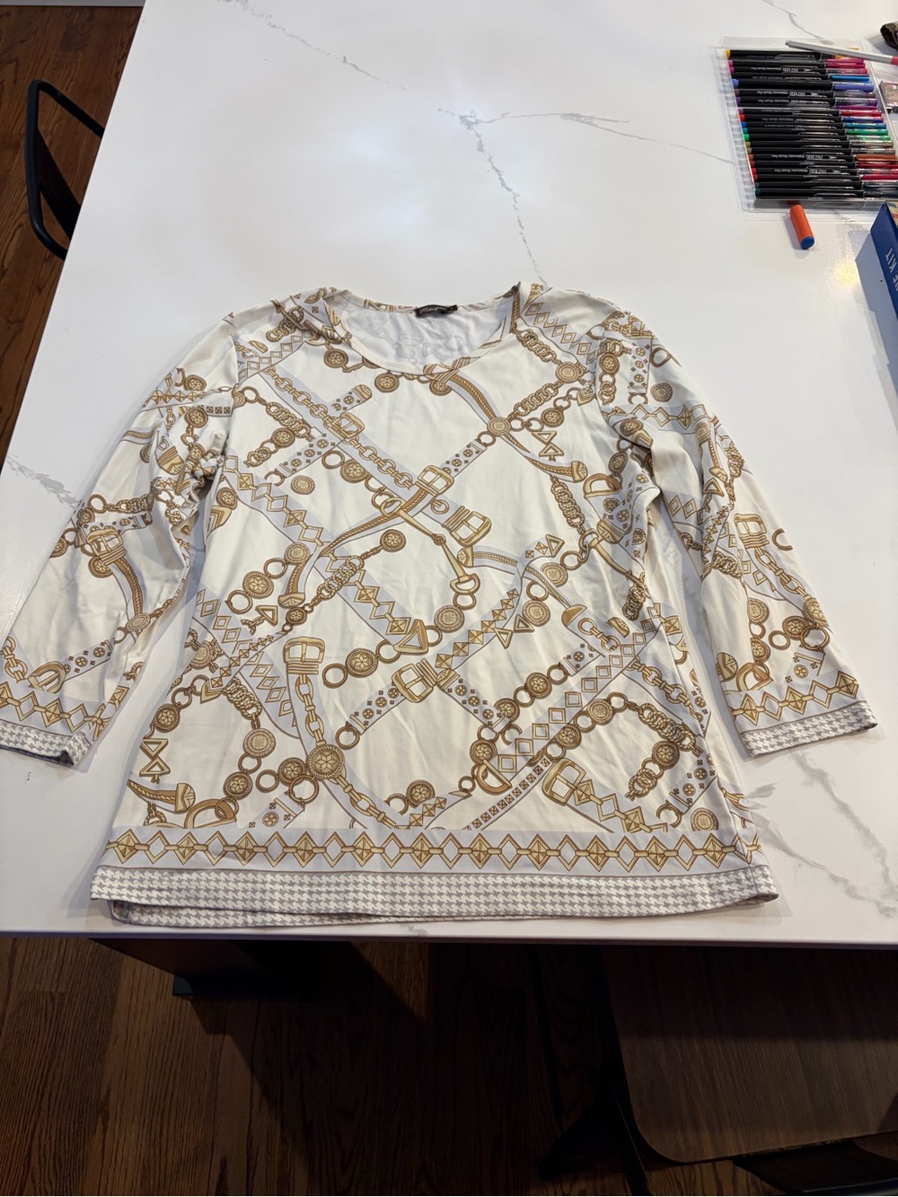 J. McLaughlin White Long-Sleeve Top with Gold Chain Print - Size Large